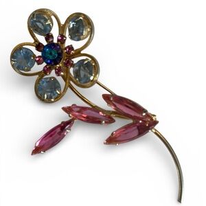 Vintage Blue Gold and Pink Floral Brooch